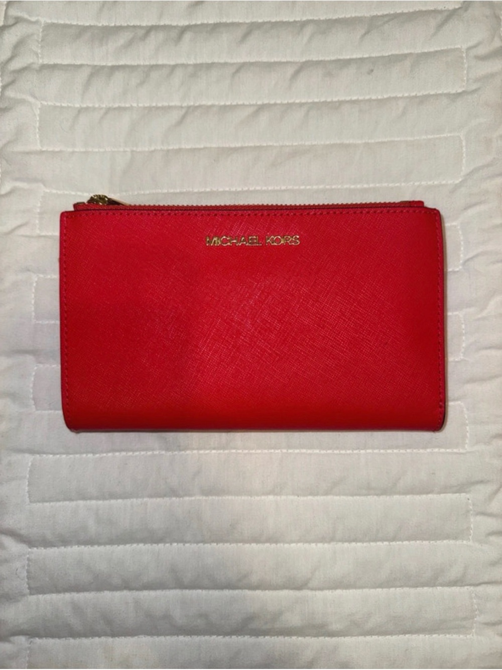 MICHAEL KORS Red Saffiano Zip-Around Wallet with Gold Logo